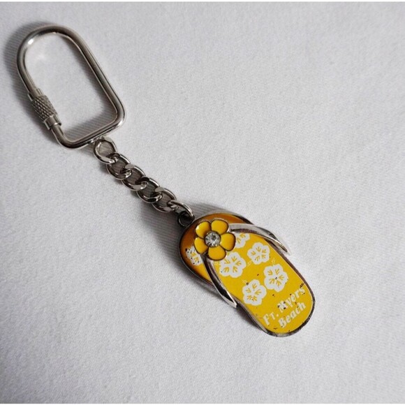 Floral Flip Flop Keychain Ft. Meyers Beach Yellow White - Picture 1 of 5